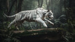 Great white tiger running and jump in the jungle with green plants on the background. Generative AI.