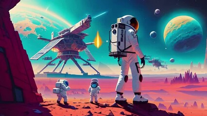 Wall Mural - Astronaut exploring an alien planet, surrealistic animation. Dreamy cosmic animation, vivid colors illustrations, transformations and metamorphose. AI generated video