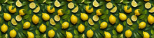 Creative Food Summer Citrus Fruits Banner Panorama Wallpaper, Seamless Pattern Texture - Top View Of Many Fresh Lemons, Slices And Leaves, Isolated On Green Background (Generative Ai)