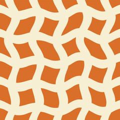 Wall Mural - Abstract seamless pattern with beige wavy grid on a orange  background. Contemporary collage background. Vector retro illustration