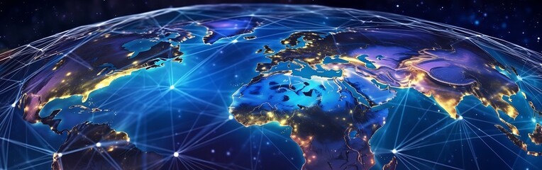 Aufkleber - Communication technology for internet business. Global world network and telecommunication on earth cryptocurrency and blockchain and IoT. Generative AI.