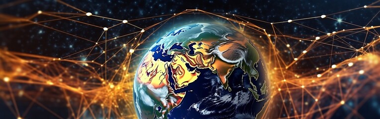 Aufkleber - Communication technology for internet business. Global world network and telecommunication on earth cryptocurrency and blockchain and IoT. Generative AI.