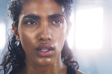 Sticker - Sweating, woman breathing and face taking a break from fitness, exercise and workout. Gym, Indian female person and tired face of an athlete after sports and wellness club training for health