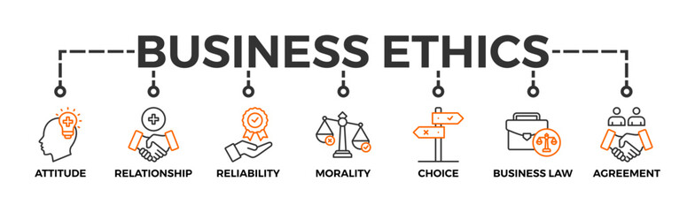Business ethics banner web icon vector illustration concept with icon of attitude, relationship, reliability, morality, choice, business law and agreement