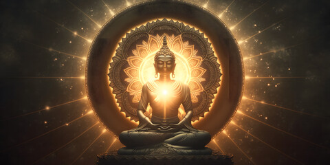 Wall Mural - buddha statue transcendental spiritual meditation with aura, banner yellow light. generation ai