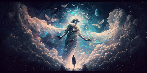Wall Mural - astral silhouette of human in cosmic space meditate. back view man fly transcendental spiritual medi