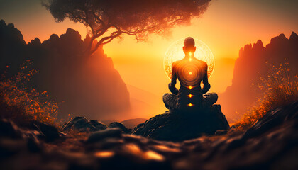 Wall Mural - yoga silhouette of human in cosmic space meditate with sun light. back view man practicing meditatio