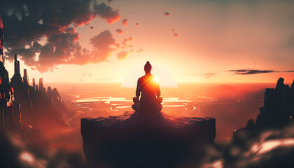 Wall Mural - yoga silhouette of human in cosmic space meditate with sun light. back view man practicing meditatio