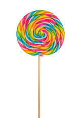 closeup of colorful lollipop candy on white background