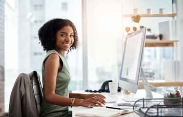 black woman in business, computer screen and smile in portrait, working on corporate report or propo