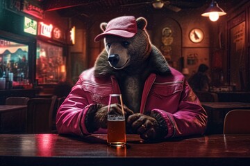 brown bear pink gangster in neon bar illustration generative ai