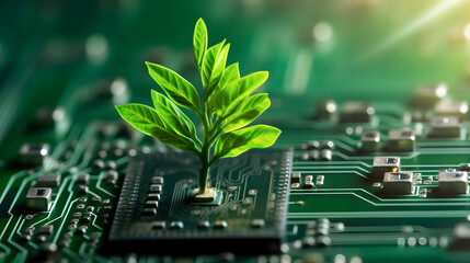 Tree growing on the converging point of computer circuit board. Green computing, Green technology, Green IT, CSR, and IT ethics. Concept of green technology. Environment green technology.