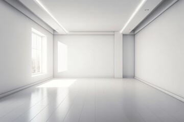  Sleek White Wall in Minimalistic Room under Glow of Diffused Sunlight: Ideal Backdrop for Product Presentations or Graphic Designs generative AI