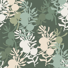 Hand drawn juniper seamless pattern. Juniper berries with leaves on shabby background. Original simple flat illustration. Shabby style.