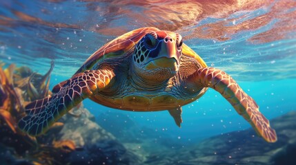 Sea turtle swimming in the Ocean, Digital Illustration, Concept Art, Generative AI