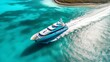 Luxurious sailing boat cruiser. Aerial view of the holiday boat cruiser at sea in blue waters. Generative Ai.