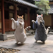 Closeup of cats in traditional kung fu costumes practicing in a Chinese courtyard