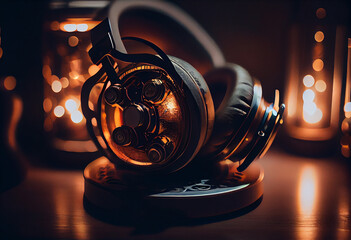 Wall Mural - Closeup of headphones on a wooden table in a room at home