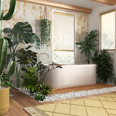 Sticker - Wooden bathroom in white and yellow tones with freestanding bathtub. Windows with venetian blinds. Biophilic concept, many houseplants. Urban jungle interior design