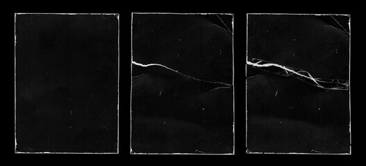 Set of Old Black Empty Aged Vintage Retro Damaged Paper Cardboard Photo Card. Blank Frame. Front and Back Side. Rough Grunge Shabby Scratched Texture. Distressed Overlay Surface for Collage
