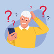 © MVshop - Vector illustration of an elderly man who is confused. Cartoon scene with a gray-haired man who has many questions and does not know how to use the phone isolated on a blue background.
