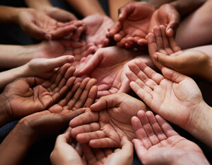 Poster - People, diversity and open palm with support in a community with unity and care. Group, helping and hands together for charity with donation and global solidarity for poverty with diverse team.