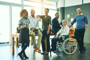 Aufkleber - Inclusion, diversity and portrait of business people in office for teamwork, support and happy. Smile, collaboration and inclusive with group of employees for mission, commitment and mindset