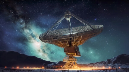 Big telescope, a large satellite dish against the night sky tracks the stars. Technology concept, search for extraterrestrial life, wiretap of space. 