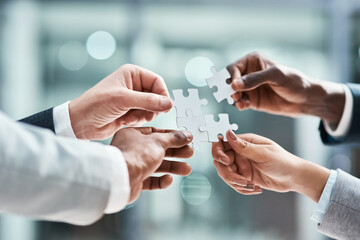 Poster - Solution, business puzzle and group of people hands for goals, project integration and workflow or success. Team building, progress and development of problem solving game, synergy or collaboration
