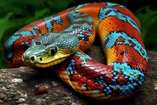 Bright Colored Snake Close-up. Generative AI.