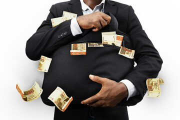 Black Businessman holding black bag full of Pakistani Rupee notes isolated on transparent background, money falling from bag