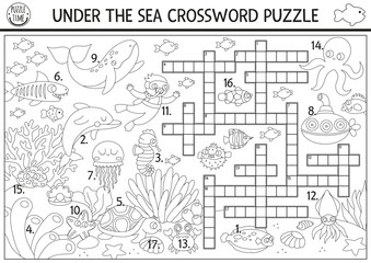 Wall Mural - Vector black and white under the sea crossword puzzle for kids. Simple ocean life line quiz with marine landscape for children. Educational activity, coloring page with fish, submarine, water animals.