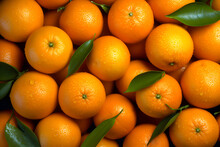 Background Of Fresh Mandarins Or Oranges With Green Leaves. Generative AI