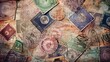 © Suleyman - Passport visas stamps on sepia textured, vintage travel background Generative AI