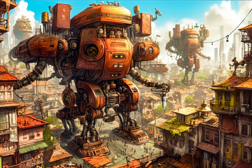 Wall Mural - a giant steampunk robot over the city, generative ai