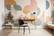 © Rytis - Very cozy retro vintage interior background. Chairs, shelves, plants and other furniture placed in room with beautiful colorful wall with various geometric shapes pattern copy space. Generative AI