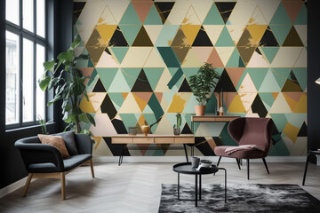 Wall Mural - Very cozy retro vintage interior background. Chairs, shelves, plants and other furniture placed in room with beautiful colorful wall with various geometric shapes pattern copy space. Generative AI