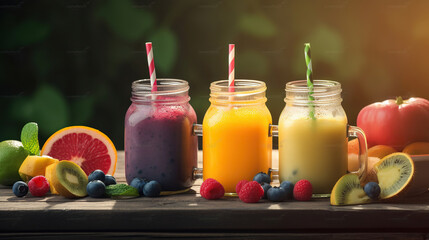 Summer cool slush or smoothie iced fruit juice glass jars for refreshing healthy chilled drinks. Generative AI