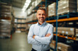© Andrii  - Smiling portrait of a male supervisor standing in warehouse with his arm crossed looking at camera. Generative AI