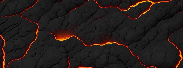 Wall Mural - Seamless lava pattern with small stones, texture for graphic design. Realistic lava flame on black ash background. Texture of molten magma surface. Abstract volcanic lava background. Generative AI