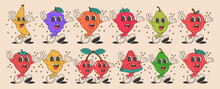 Collection Of Bright Walking Happy Cartoon Characters 70s. Retro Fruits And Berries, Cheerful Vegetables Waving Their Hands And Smiling