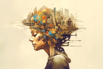 overthinking concept illustration, a person with a thousand thoughts at once in his head, generative ai