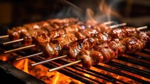Grilled Meat Skewers, Shish Kebab. Juicy And Tasty Grilled Shashlik. Generative AI