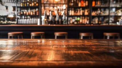 Empty wooden table and countertop with blurred bar background for product placement design, Generative AI