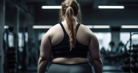 Overweight woman in a gym. Body positive concept. Generative AI