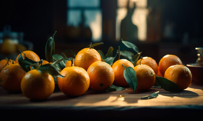 Wall Mural - Beautiful ripe oranges with green leaves on the table. Picked crop of citruses indoors. Close up. Generative AI.