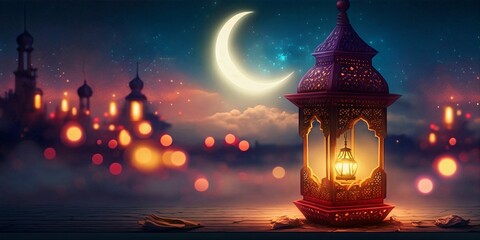 Wall Mural - Islamic background with shining lantern and crescent moon made with generative AI. AI Generate.