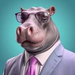 Portrait of hippo wearing business suit with tie and sunglasses. Generative AI art