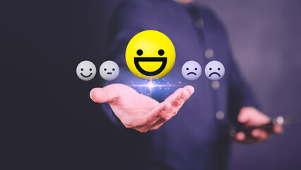 Poster - Client man hand showing happy smile face icon, good feedback rating, think positive, customer review, assessment, satisfaction, testimonial, good mental health, good mood. Opinion rating by shopper.