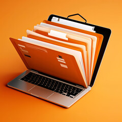 Folder in laptop on orange background